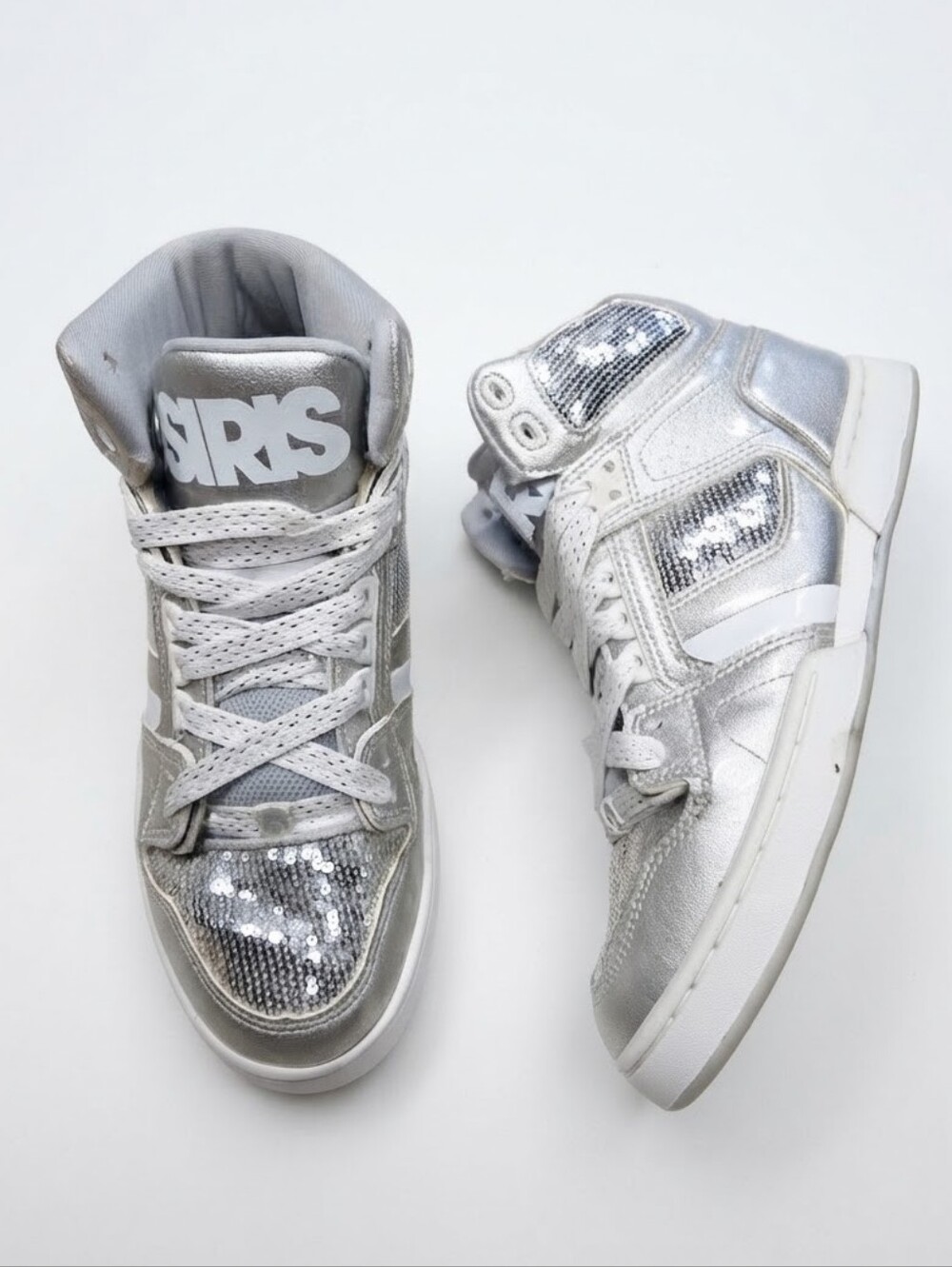 Vintage Y2K Osiris NYC 83 Sequin Silver High Top Skate Shoes Size 7.5 / EU 38